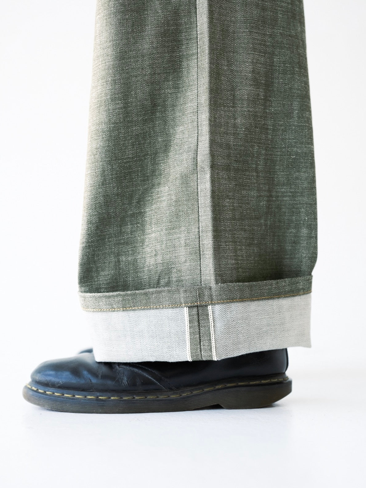 Olive Green Raw Selvedge Wide Leg Denim