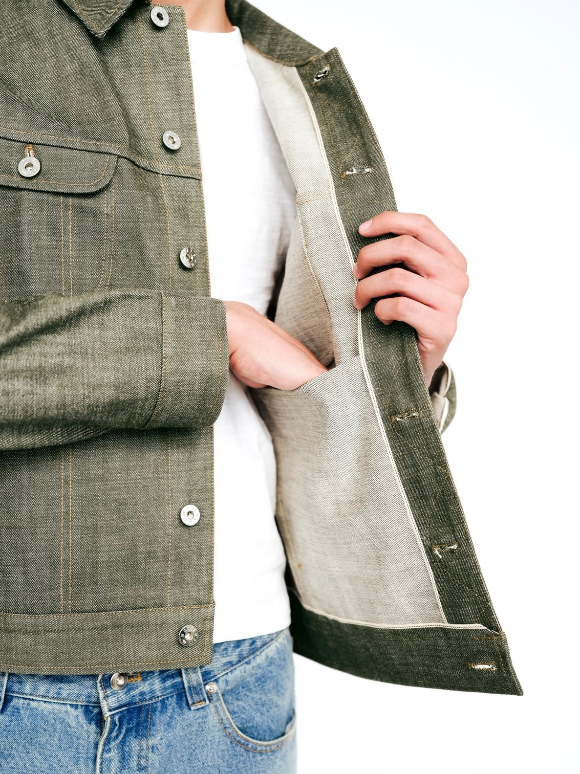Olive Green Raw Selvedge Denim Trucker Jacket