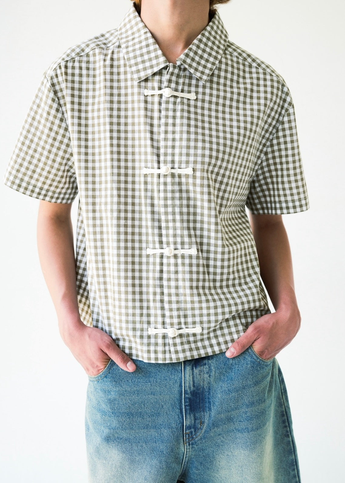 Green Plaid Knob Button Up
