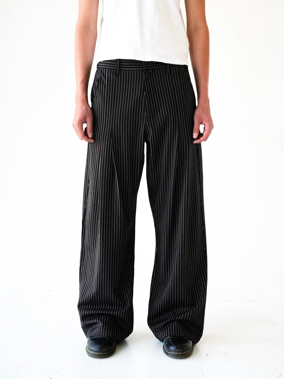 Black Pinstripe Double Pleated Trousers