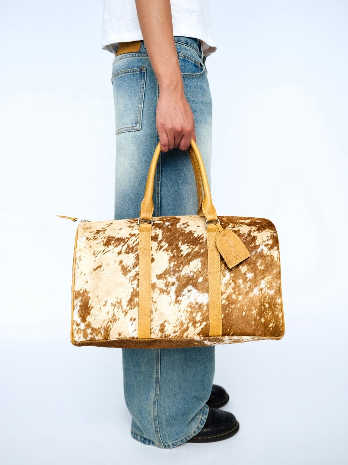 Tan Acid Wash Authentic Cowhide Duffel Bag