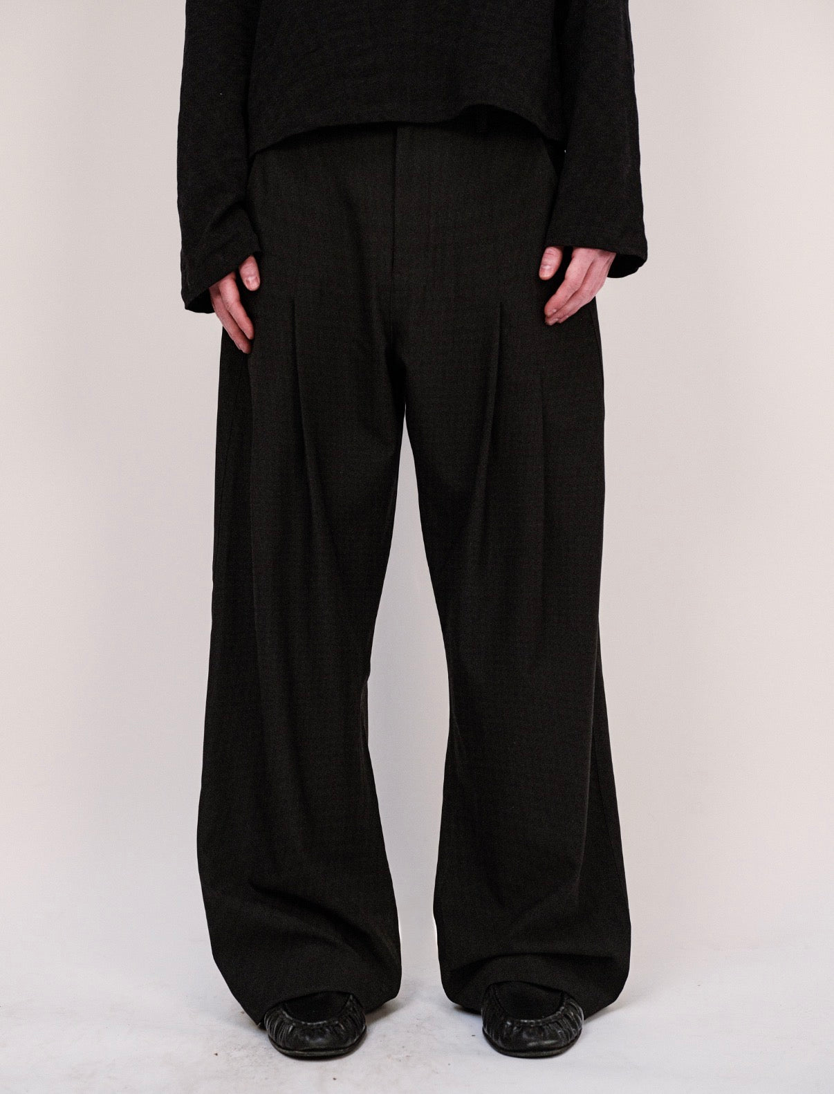 Black Double Pleated Wide Leg Trousers
