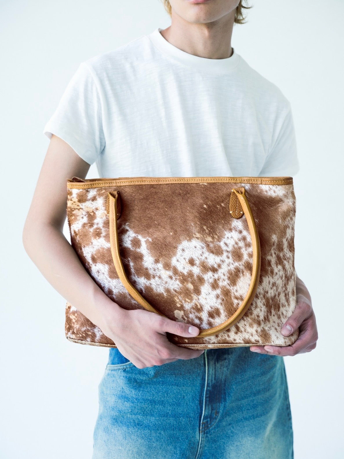 Tan Acid Wash Authentic Cowhide Tote Bag