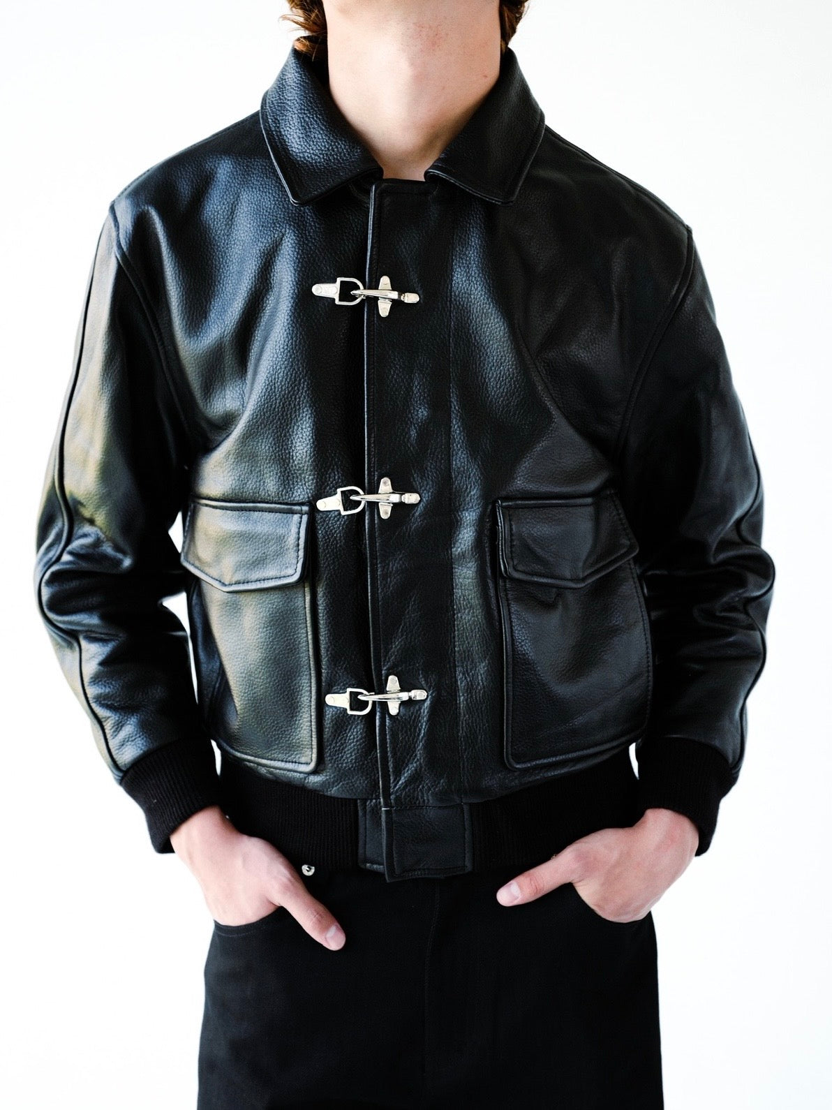 Fireman Clasp Leather Bomber Jacket