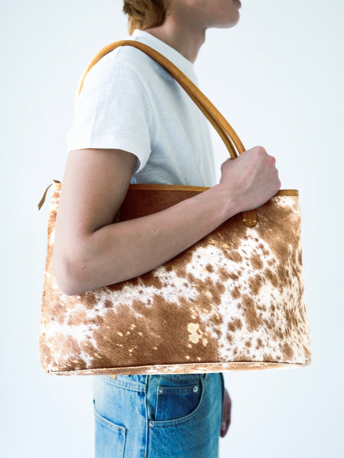 Tan Acid Wash Authentic Cowhide Tote Bag
