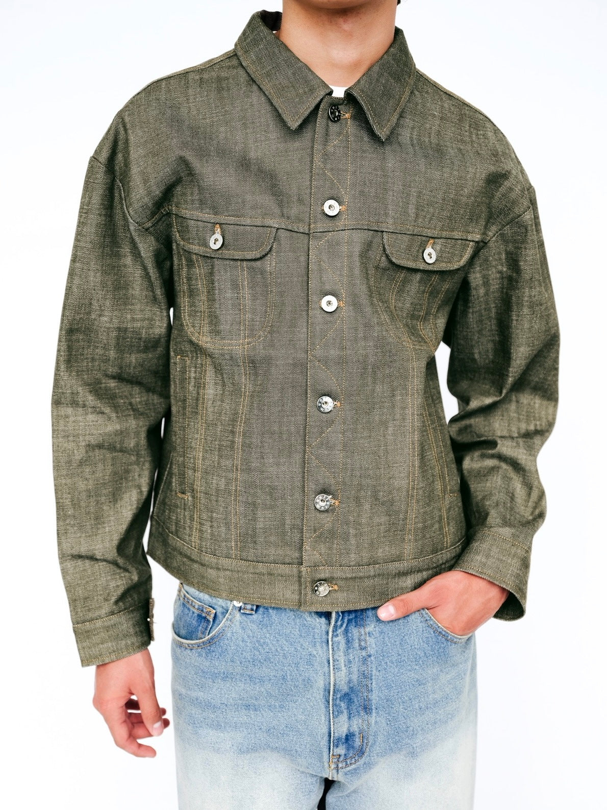 Olive Green Raw Selvedge Denim Trucker Jacket