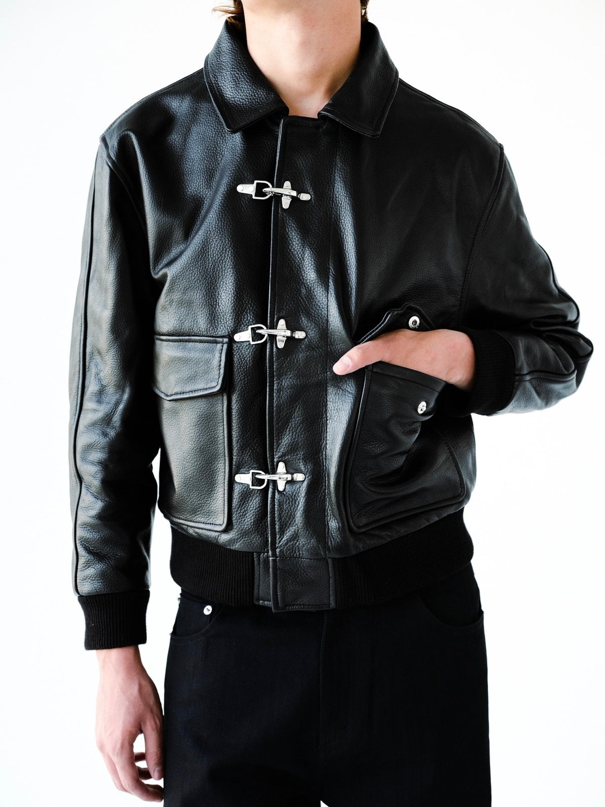 Fireman Clasp Leather Bomber Jacket