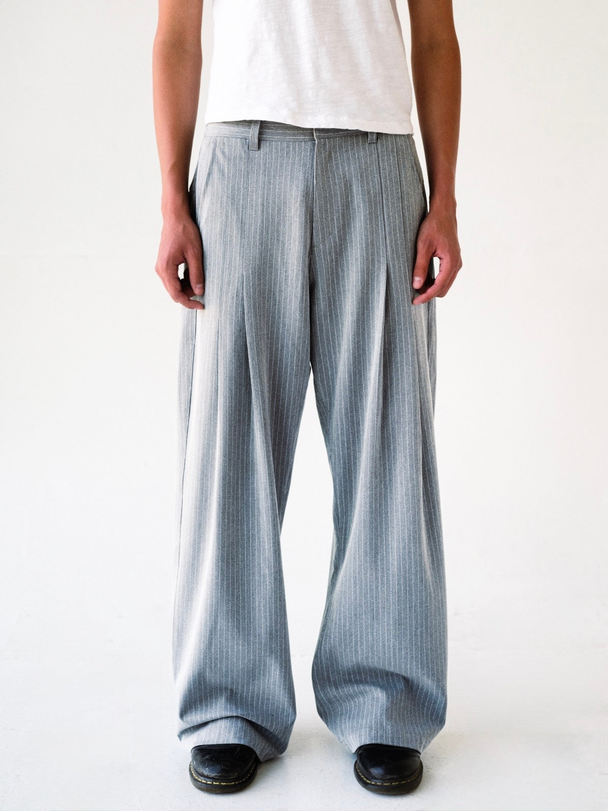 Grey Pinstripe Double Pleated Trousers