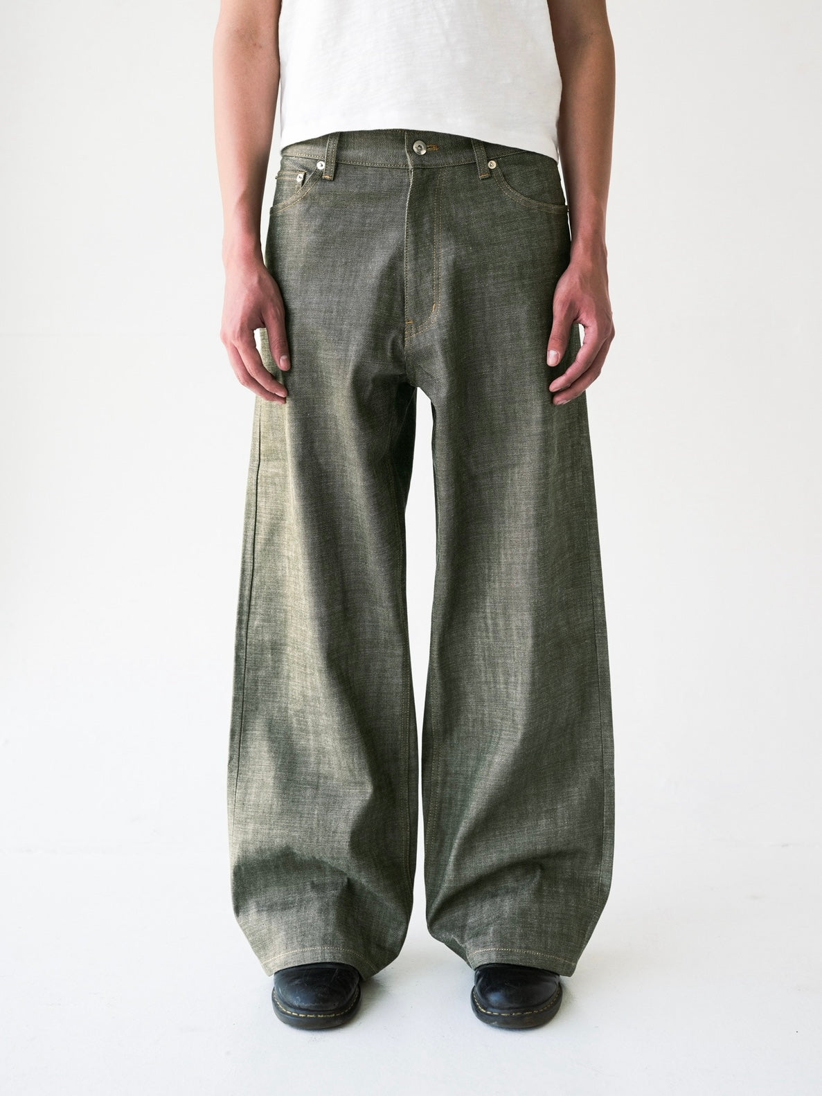 Olive Green Raw Selvedge Wide Leg Denim