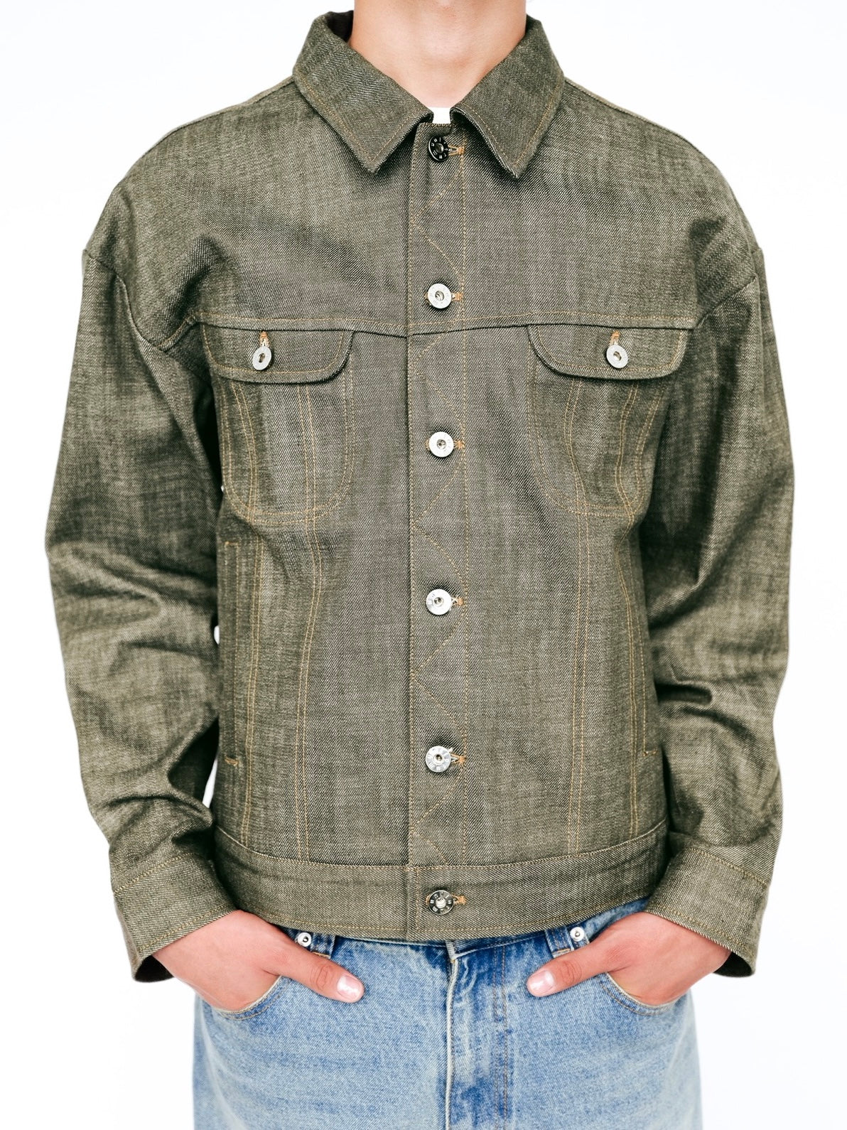 Olive Green Raw Selvedge Denim Trucker Jacket