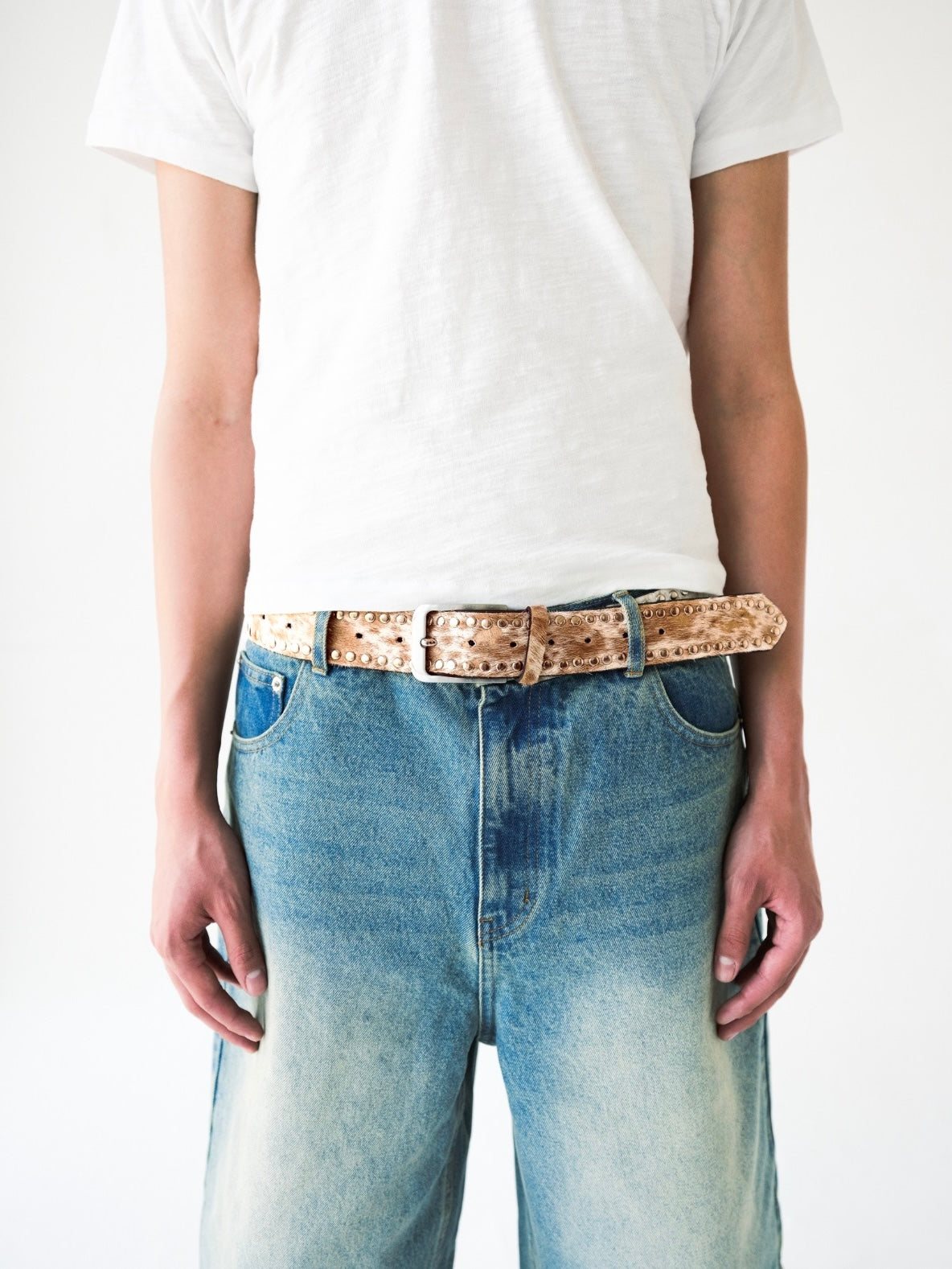 Studded Tan Acid Wash Authentic Cowhide Belt