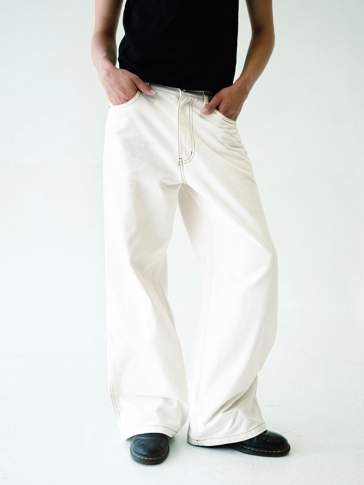 Cream White Wide Leg Denim